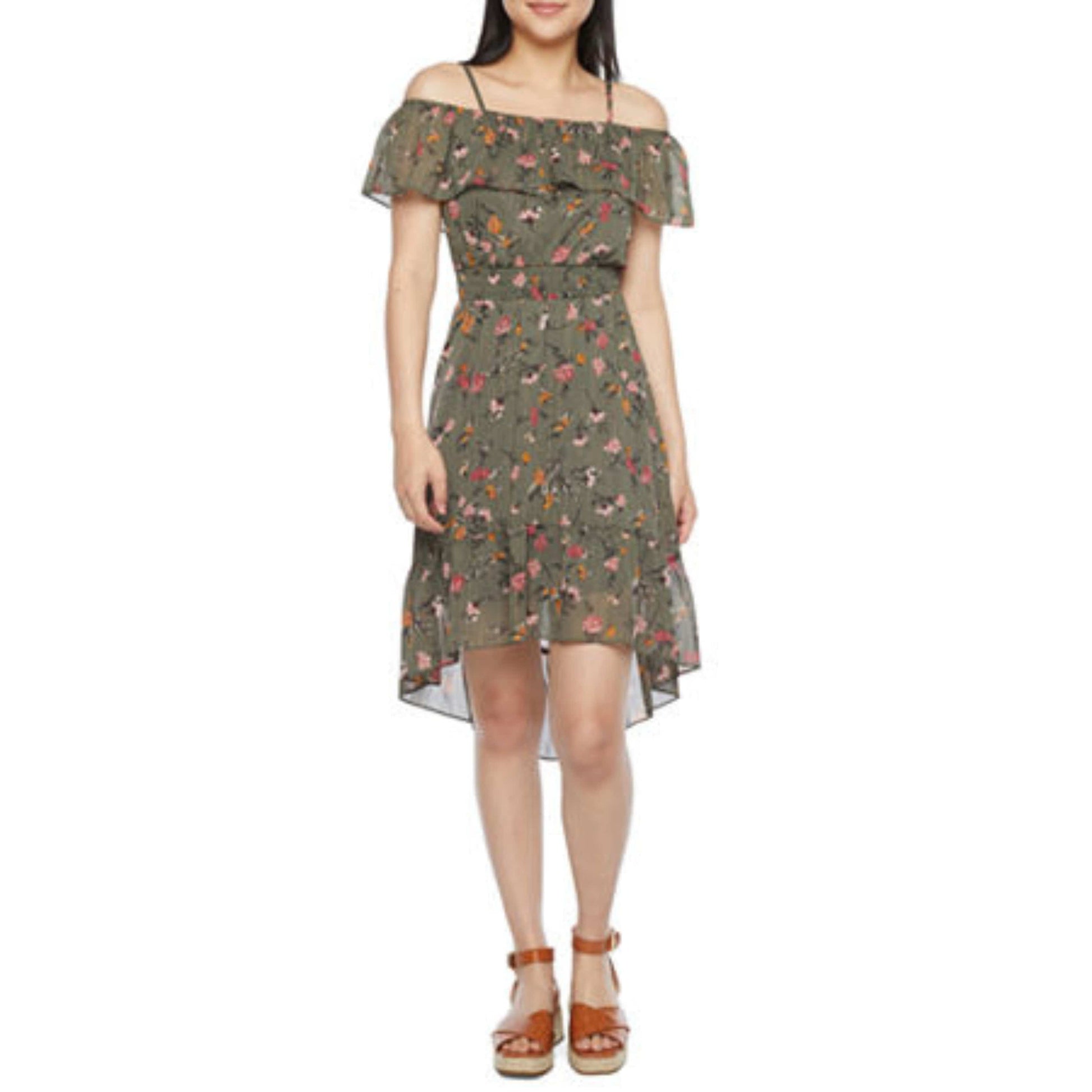 BY & BY Womens Dress S / Green BY & BY -  Short Sleeve Floral High-Low Fit & Flare Dress