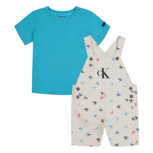 CALVIN KLEIN Baby Boy 0-3 Month / Multi-Color CALVIN KLEIN - Baby - Brushed Twill Logo Shortall and T-shirt 2 Piece Set