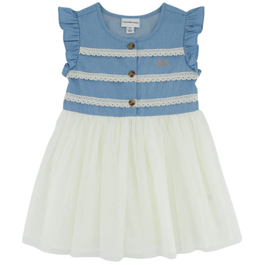 CALVIN KLEIN Baby Girl 12 Month / Multi-Color CALVIN KLEIN - BABY - Crochet-Trim Denim Mesh Dress