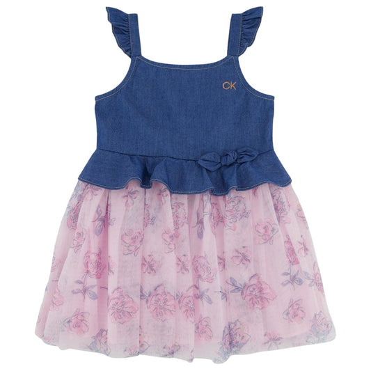 CALVIN KLEIN Baby Girl 18 Months / Multi-Color CALVIN KLEIN - Baby - Flutter Trim Denim and Floral Mesh Dress