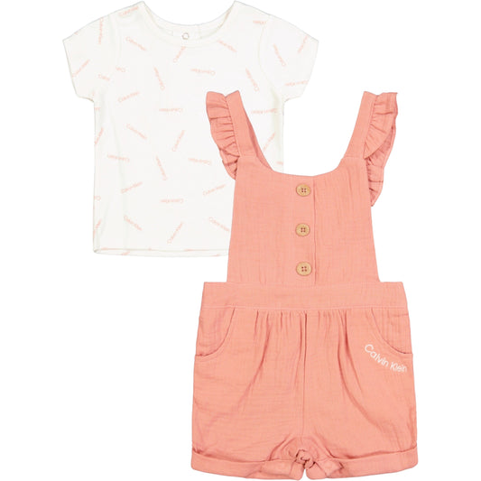 CALVIN KLEIN Baby Girl 6-9 Month / Multi-Color CALVIN KLEIN - BABY - Logo T-shirt and Gauze Ruffle-Trim Shortalls Set, 2 Piece
