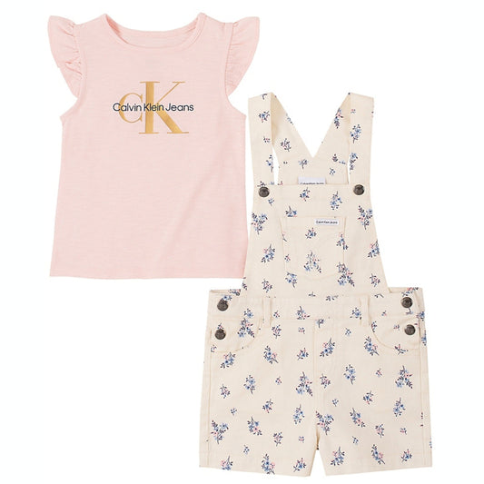 CALVIN KLEIN Baby Girl 12 Month / Multi-Color CALVIN KLEIN - Baby - Logo T-shirt and Printed Denim Shortall, 2-Piece Set