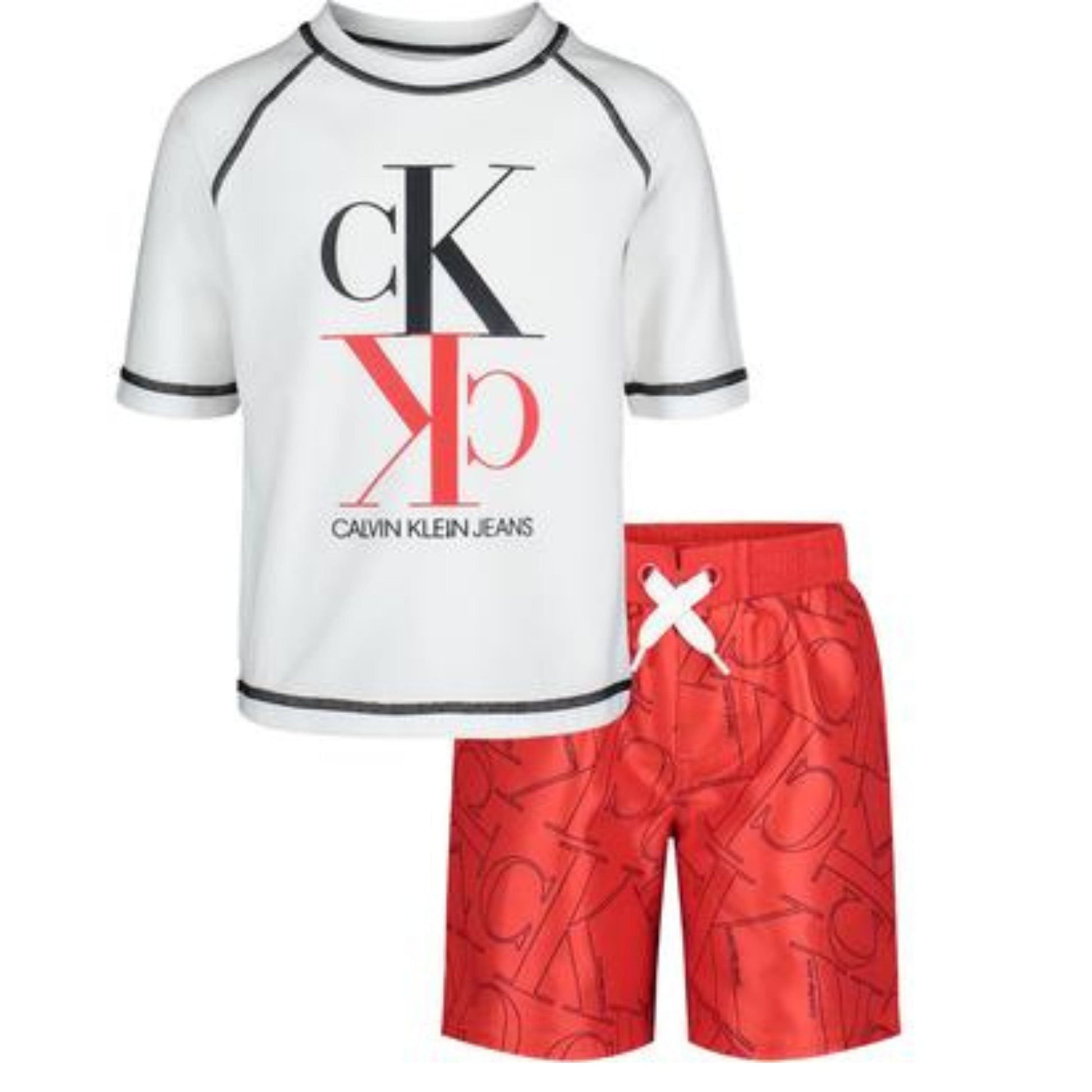 CALVIN KLEIN Boys Swimwear CALVIN KLEIN - Kids -  2 Piece Logo Raglan Rash Guard and Logo-Print Drawstring Shorts