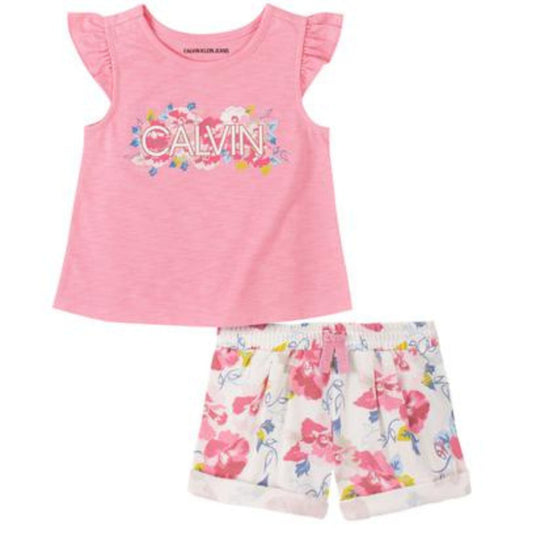 CALVIN KLEIN Girls Sets 4 Years / Multi-Color CALVIN KLEIN - Kids -  Ruffle Sleeve Top and Floral Terry Shorts Set