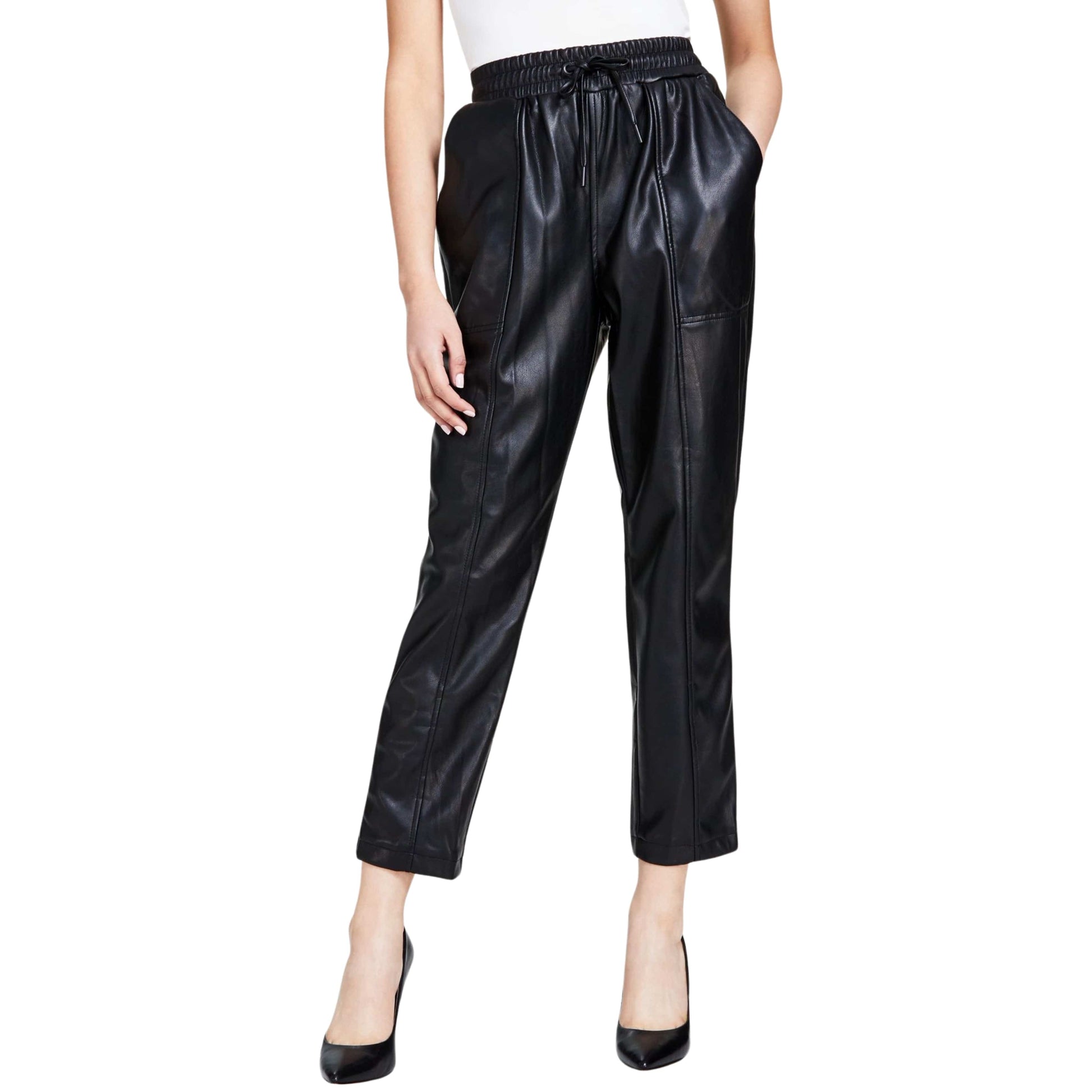 CALVIN KLEIN Womens Bottoms M / Black / 28-29 CALVIN KLEIN - Faux-Leather Straight-Leg Ankle Pants