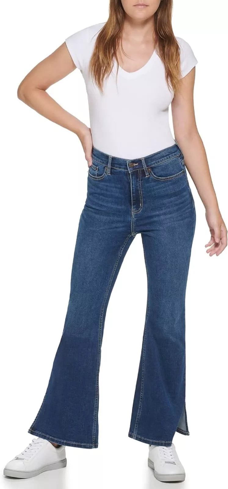 CALVIN KLEIN Womens Bottoms XXS / Blue / 24 CALVIN KLEIN - High-Rise Flared Slit-Hem Jeans Vero denim