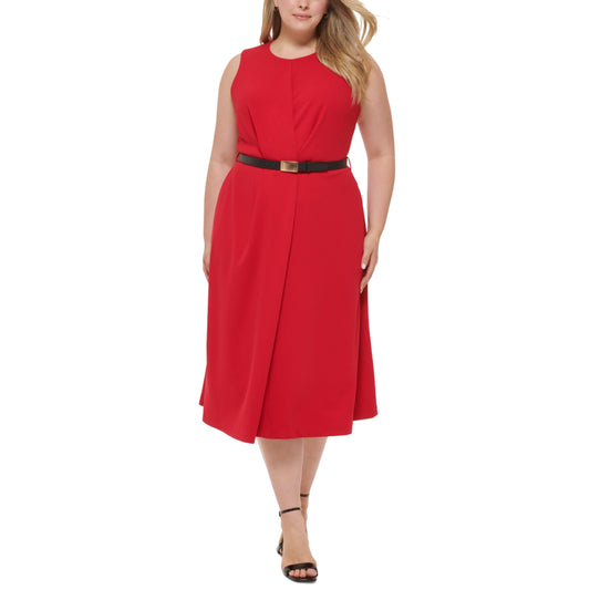 CALVIN KLEIN Womens Dress XL / Red CALVIN KLEIN -  Belted Zippered Pleated MIDI Dress