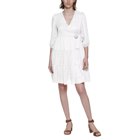 CALVIN KLEIN Womens Dress L / Off-White CALVIN KLEIN - Faux-Wrap A-Line Dress
