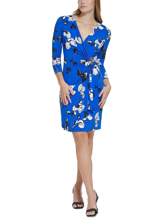 CALVIN KLEIN Womens Dress L / Blue CALVIN KLEIN - Floral Faux Wrap Mini Dress