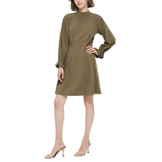 CALVIN KLEIN Womens Dress L / Green CALVIN KLEIN - Mock Neck Mini Wear to Work Dress