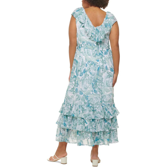 CALVIN KLEIN Womens Dress XXL / Blue CALVIN KLEIN - Ruffled Sheer Tiered Lined Printed Maxi Dress