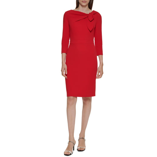 CALVIN KLEIN Womens Dress L / Red CALVIN KLEIN - Scuba-Crepe Bow-Neck Sheath Dress
