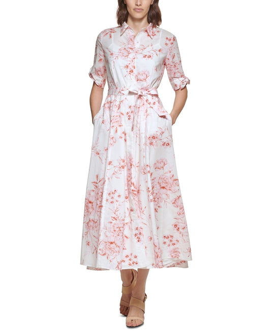 CALVIN KLEIN Womens Dress XL / Pink CALVIN KLEIN - Tie-Sleeve Maxi Shirtdress