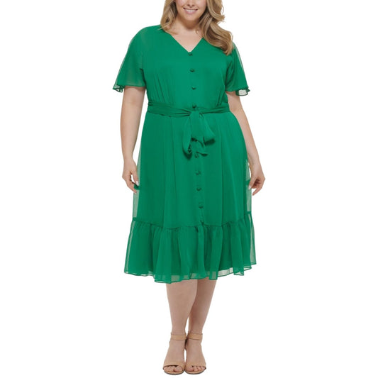 CALVIN KLEIN Womens Dress XL / Green CALVIN KLEIN - Tie-Waist Midi Dress