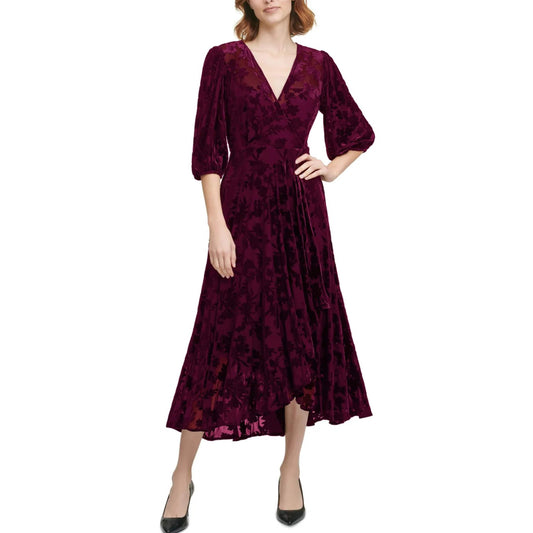 CALVIN KLEIN Womens Dress S / Burgundy CALVIN KLEIN - Velvet V-Neck Wrap Dress