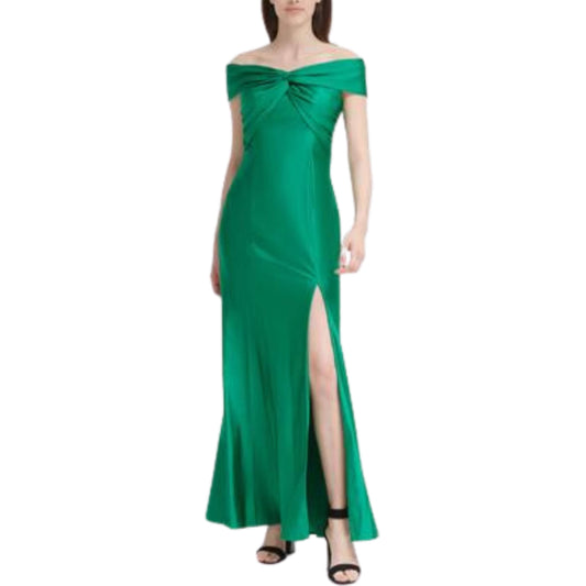 CALVIN KLEIN Womens Dress L / Green CALVIN KLEIN -  Zippered Slitted Twist-front Lined Short Sleeve Off Shoulder Dress