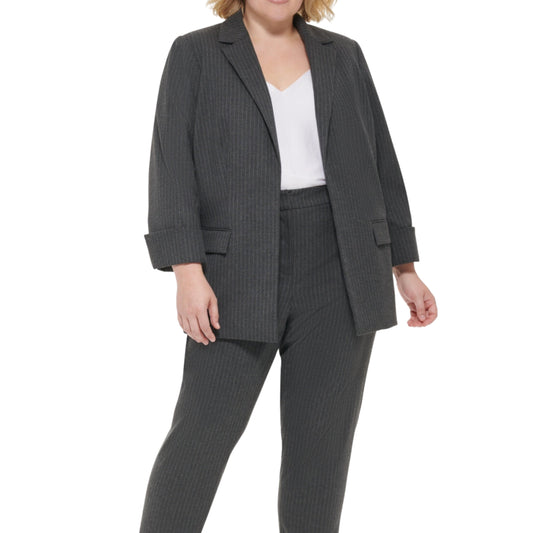 CALVIN KLEIN Womens Jackets XXXL / Grey CALVIN KLEIN - Plus Size Pinstripe Cuffed-Sleeve Open-Front Blazer