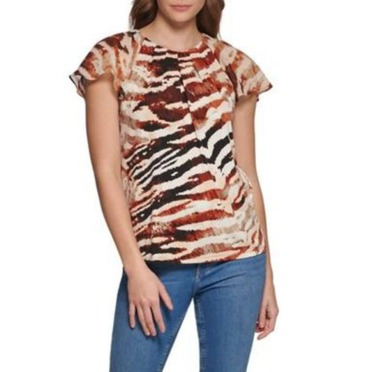 CALVIN KLEIN Womens Tops L / Multi-Color CALVIN KLEIN -  Animal Print Chiffon Flutter Sleeve Top