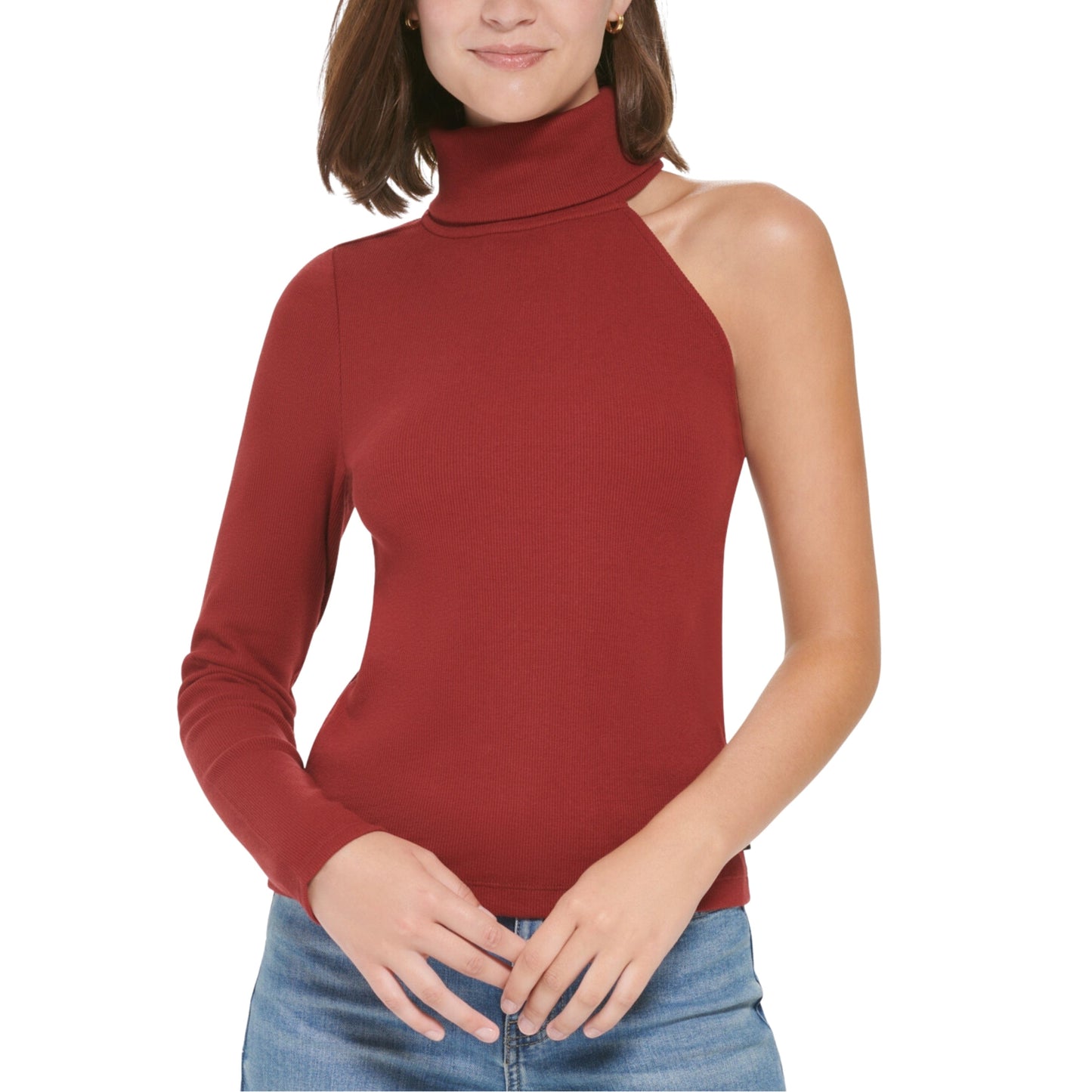 CALVIN KLEIN Womens Tops XL / Burgundy CALVIN KLEIN - One-Shoulder Turtleneck Top