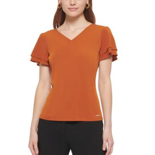 CALVIN KLEIN Womens Tops Petite S / Orange CALVIN KLEIN - Petite Solid V-Neck Flutter Sleeve Top