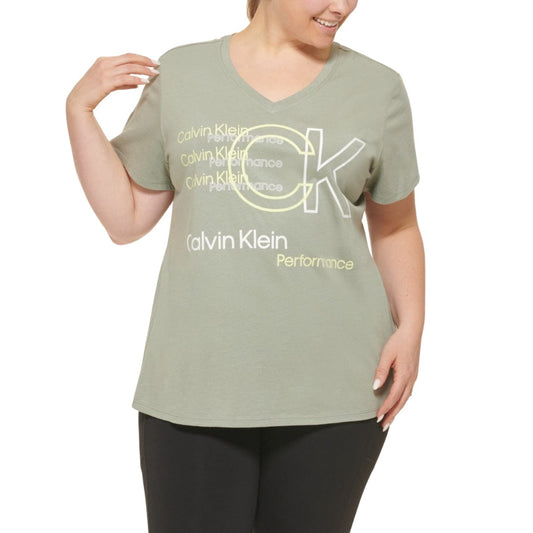 CALVIN KLEIN Womens Tops XXXL / Green CALVIN KLEIN - Plus Size V-Neck Graphic-Logo T-Shirt