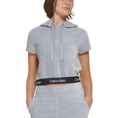 CALVIN KLEIN Womens Tops M / Grey CALVIN KLEIN - Short-Sleeve Velour Logo-Waist Hoodie