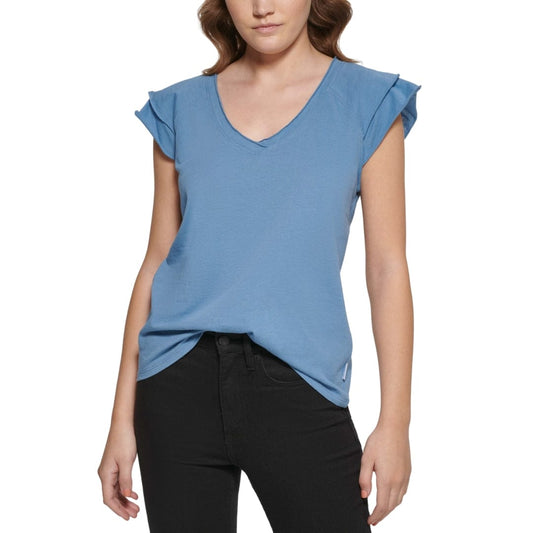 CALVIN KLEIN Womens Tops XL / Blue CALVIN KLEIN - V-Neck Flutter Sleeve T-Shirt