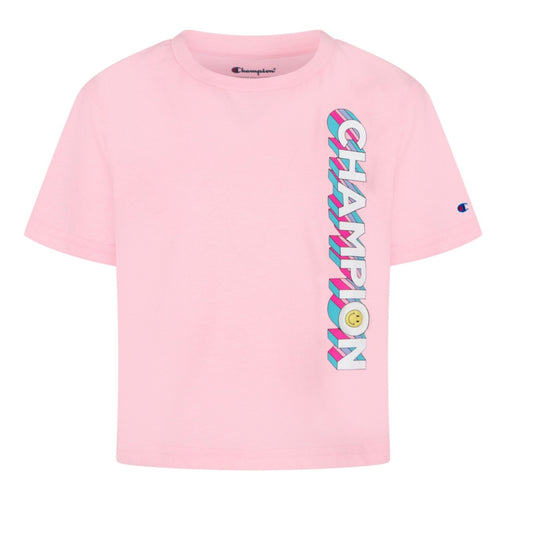 CHAMPION Girls Tops L / Pink CHAMPION - KIDS - Vertical Drop Shadow Champion with Smiley Boxy T-shirt