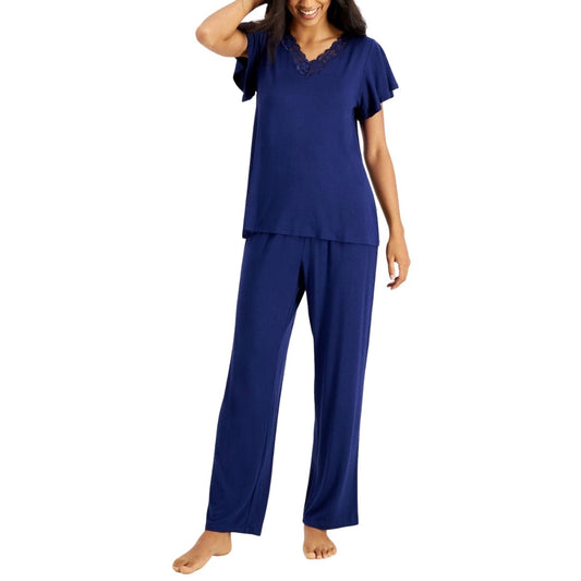 CHARTER CLUB Womens Pajama XS / Blue CHARTER CLUB - Lace-Trim Printed Pajama Set