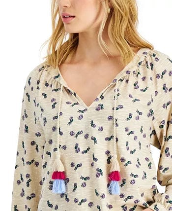 CHARTER CLUB Womens Tops XS / Multi-Color CHARTER CLUB -  Floral-Print Split-Neck Cotton Top