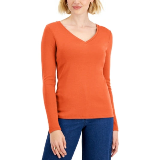 CHARTER CLUB Womens Tops M / Orange CHARTER CLUB - Long-Sleeve V-Neck T-Shirt