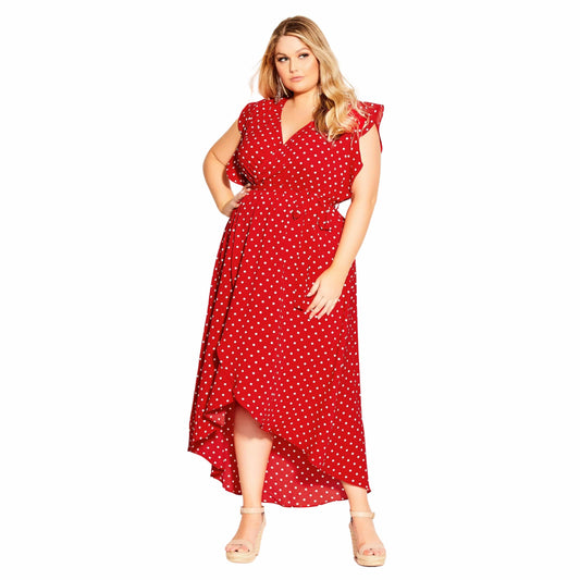 CITY CHIC Womens Dress S / Red CITY CHIC - Plus Size Dotted Ruffled Asymmetrical Hem Dress