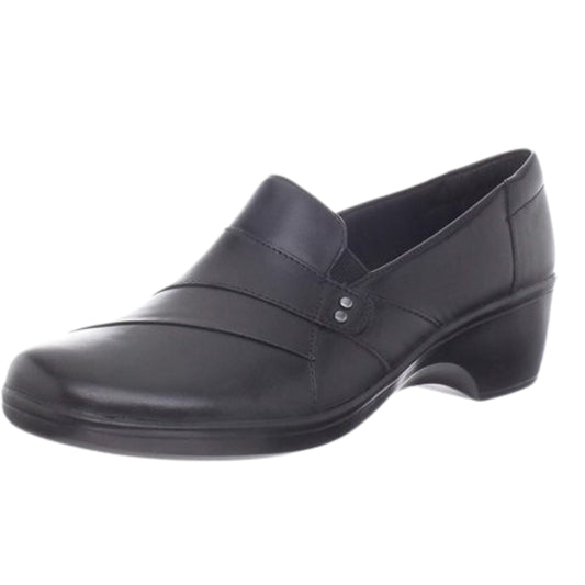CLARKS Womens Shoes 37 / Black CLARKS -   Round Toe Block Heel Slip on Leather Loafers
