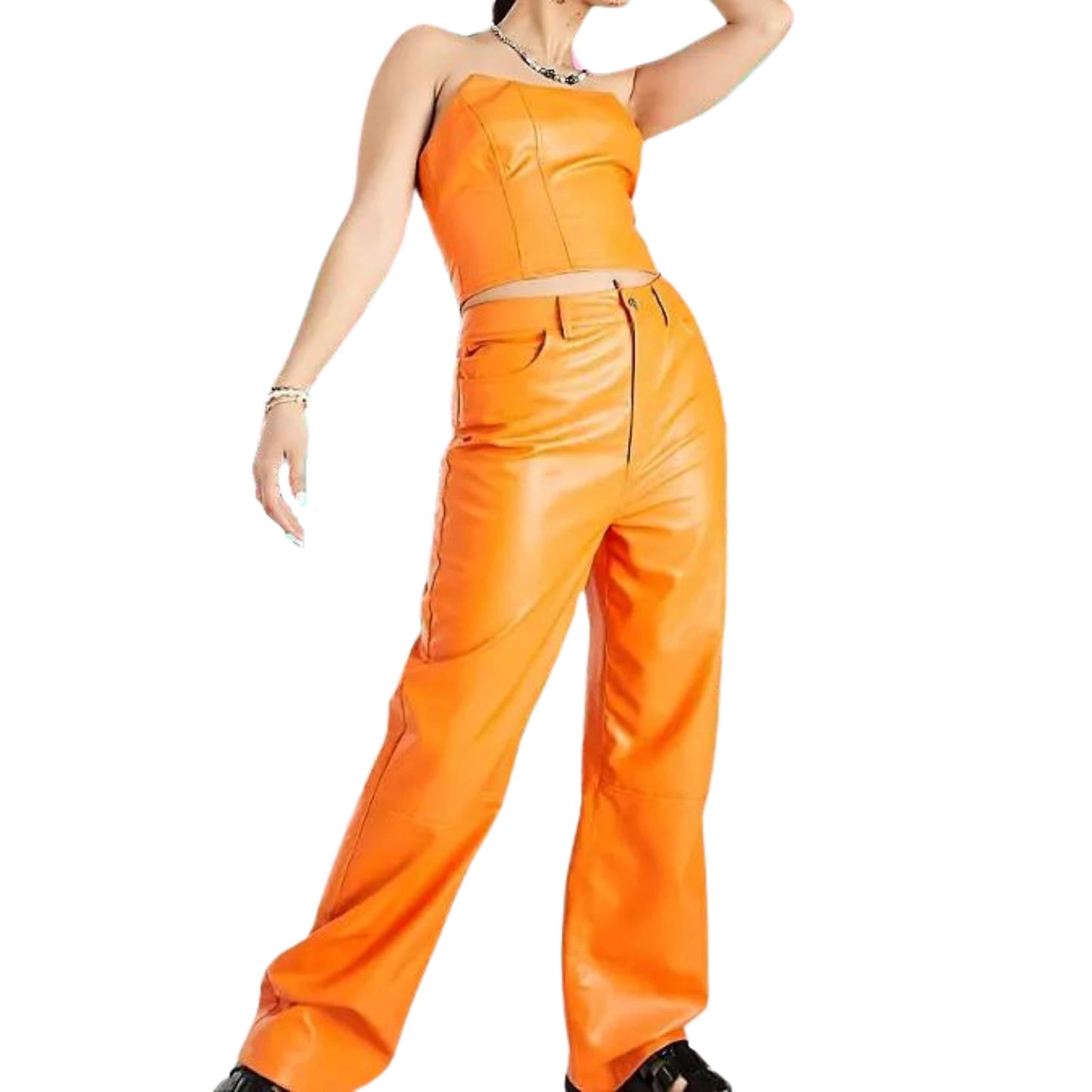 COLLUSION Womens Bottoms M / Orange COLLUSION  -  90s Fit Faux Leather Dad Pants
