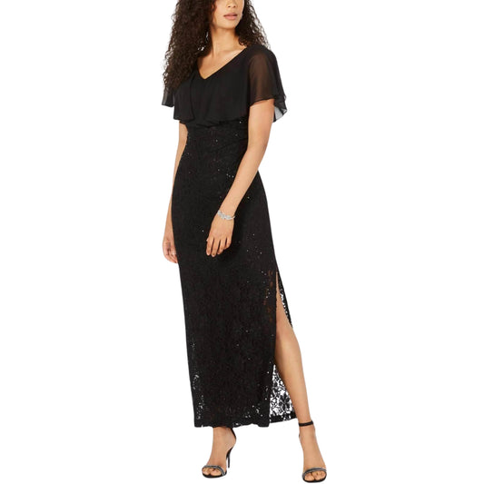 CONNECTED Womens Dress Petite M / Black CONNECTED - Lace Overlay Sequined Evening Dress