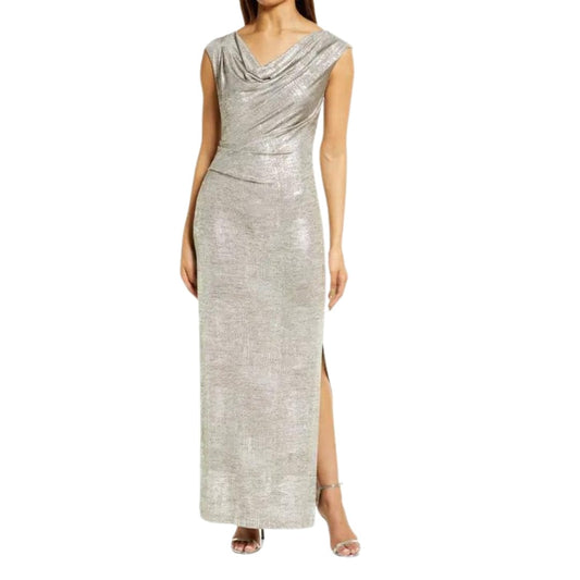 CONNECTED Womens Dress Petite XL / Silver CONNECTED - Short Sleeve Cowl Neck Gown