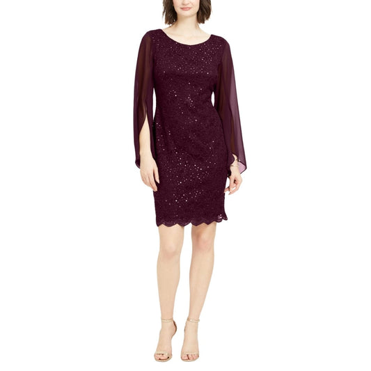 CONNECTED Womens Dress L / Purple CONNECTED - Stretch Lace Sequined Scalloped Hem Short Dress