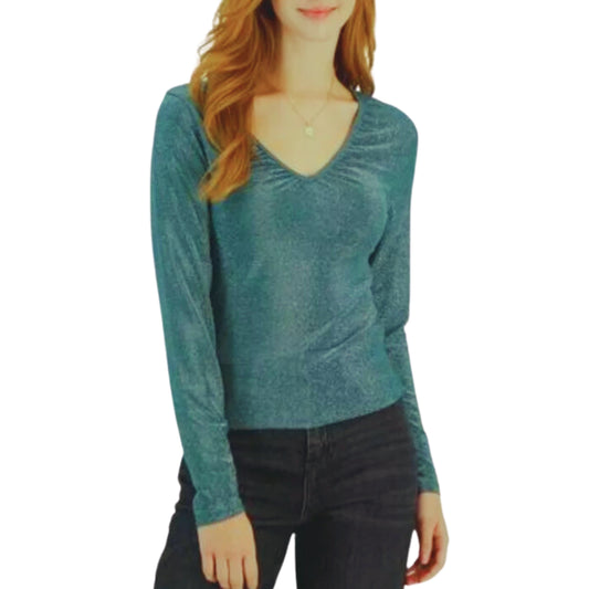 CRAVE FAME Womens Tops XL / Green CRAVE FAME - Lurex Long-Sleeve V-Neck Top