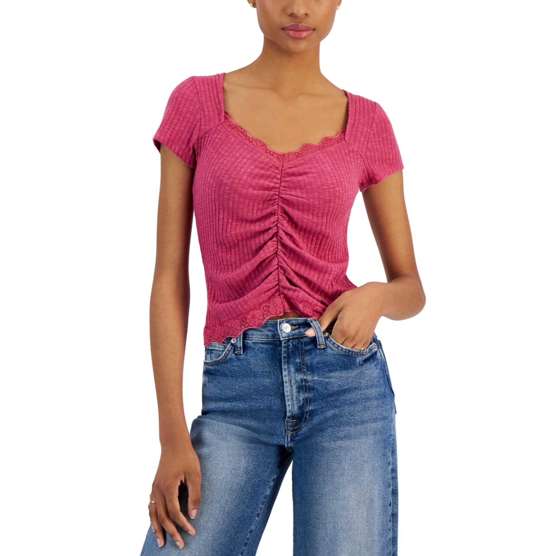 CRAVE FAME Womens Tops L / Pink CRAVE FAME - ' Sweetheart-Neck Ruched-Front Top