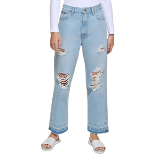DKNY Womens Bottoms S / Blue DKNY -  Distressed Frayed Hem Straight Leg Jeans