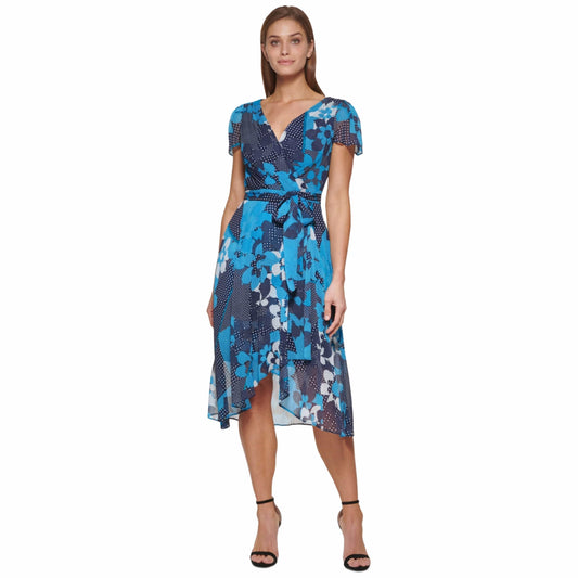 DKNY Womens Dress M / Multi-Color DKNY - Floral-Print Flutter-Sleeve Faux-Wrap Dress