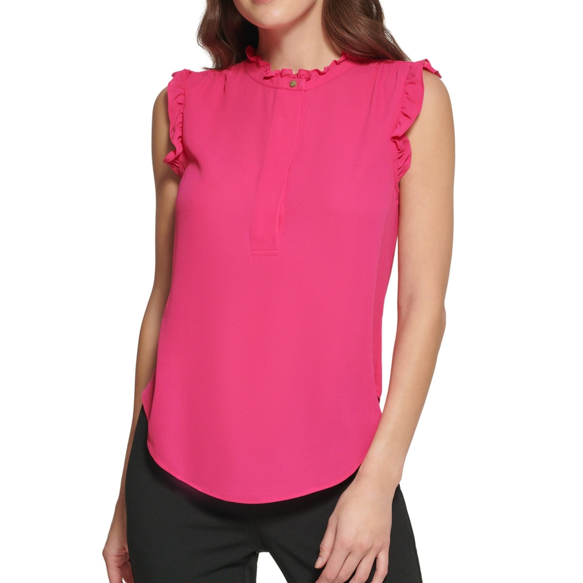 DKNY Womens Tops Petite XS / Pink DKNY - Sleeveless Ruffled Blouse