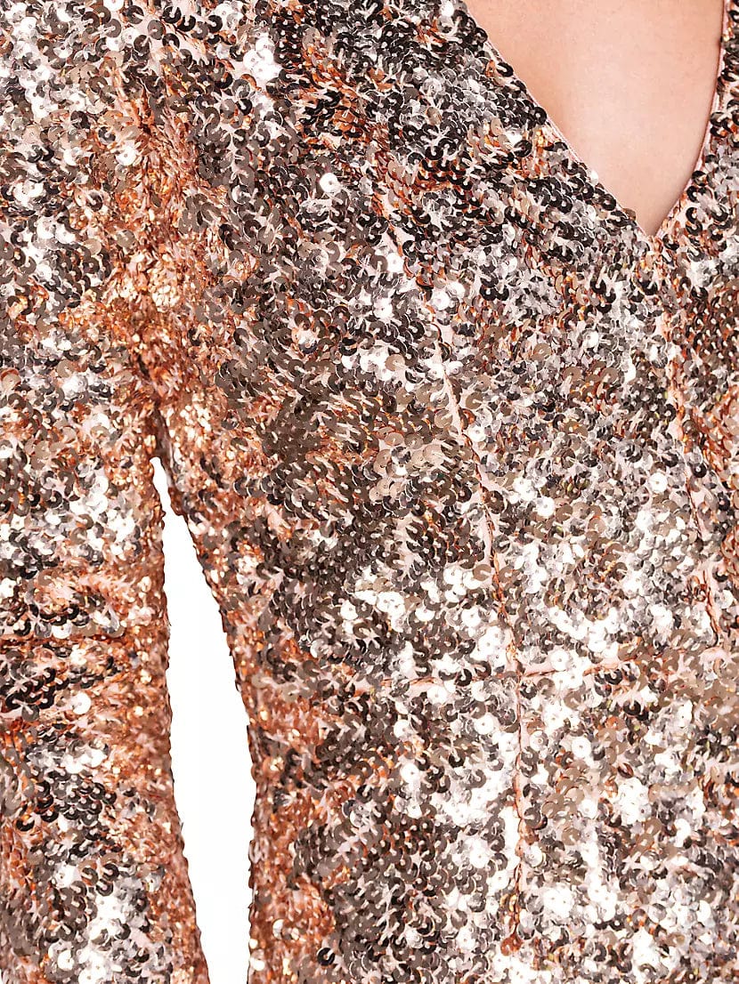 DRESS THE POPULATION Womens Dress S / Gold POPULATION -  Sequined Deep V Cocktail and Party Dress