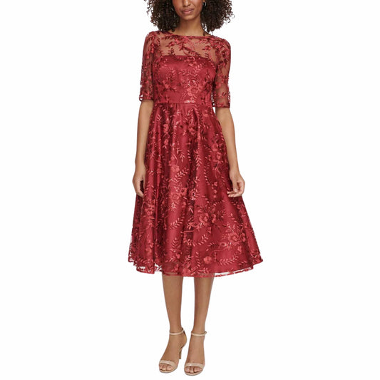 ELIZA J Womens Dress Petite M / Red ELIZA J - Embroidered Elbow-Sleeve Dress