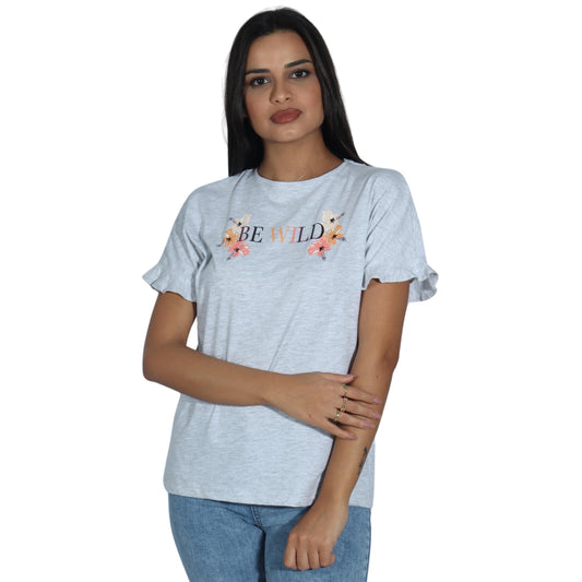 ESMARA Womens Tops S / Grey ESMARA - Printed Be Wild Front T-shirt