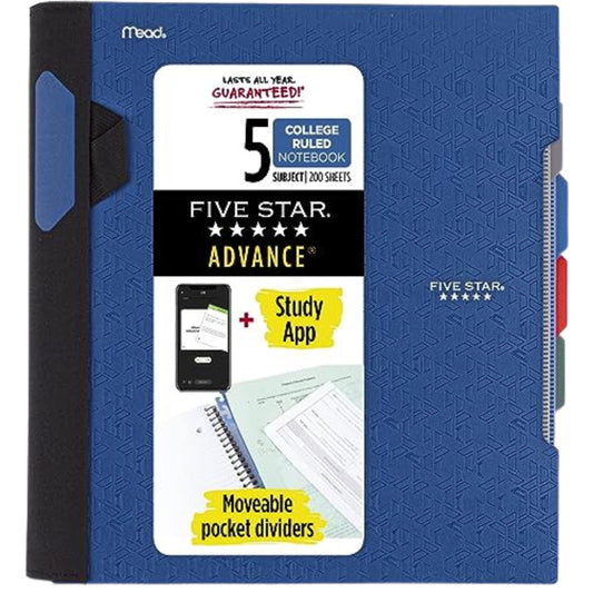 FIVE STAR Stationery Blue FIVE STAR - Notebook + Study App, 5 Subject, College