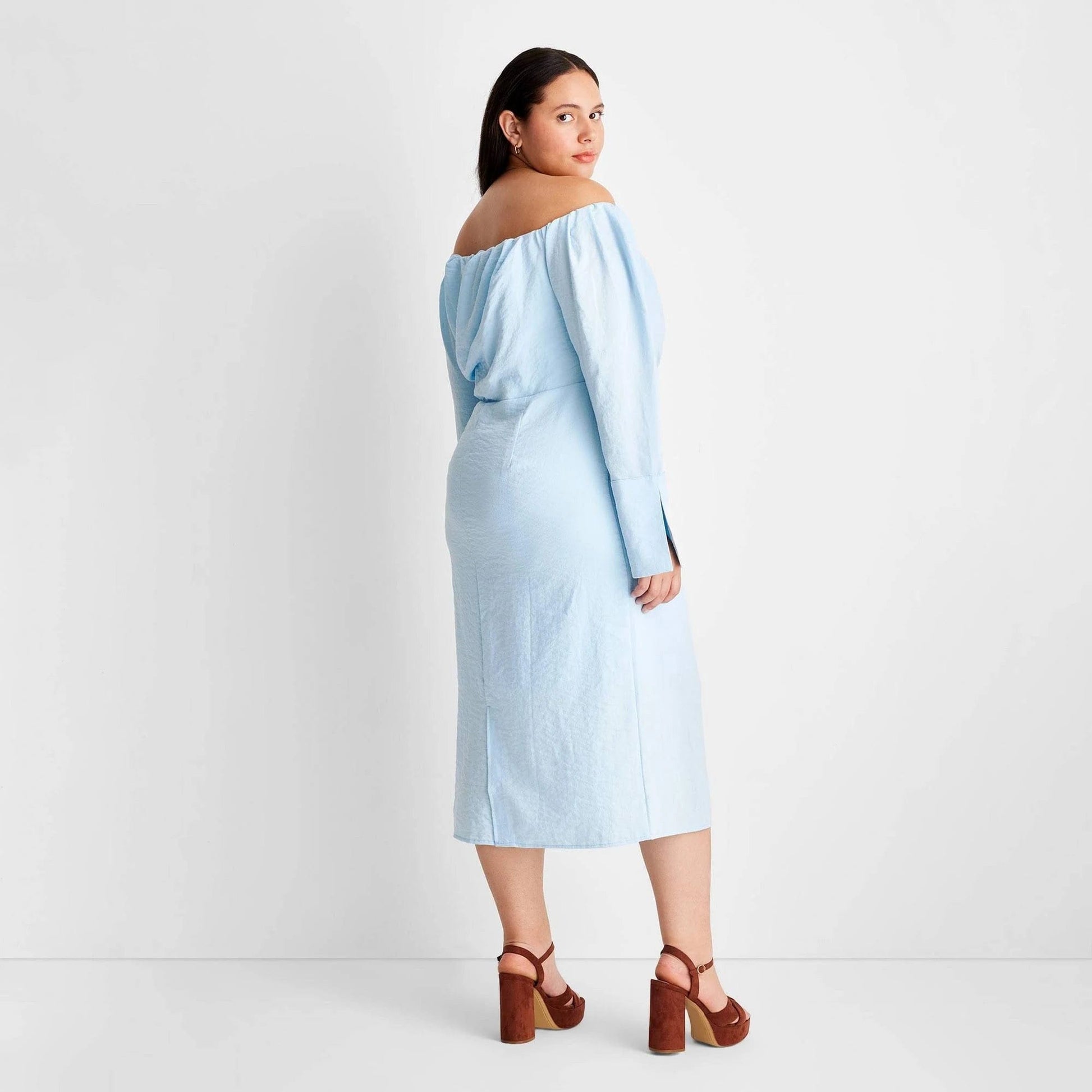 FUTURE COLLECTIVE Womens Dress L / Blue FUTURE COLLECTIVE - Off the Shoulder Long Sleeve MIDI Dress