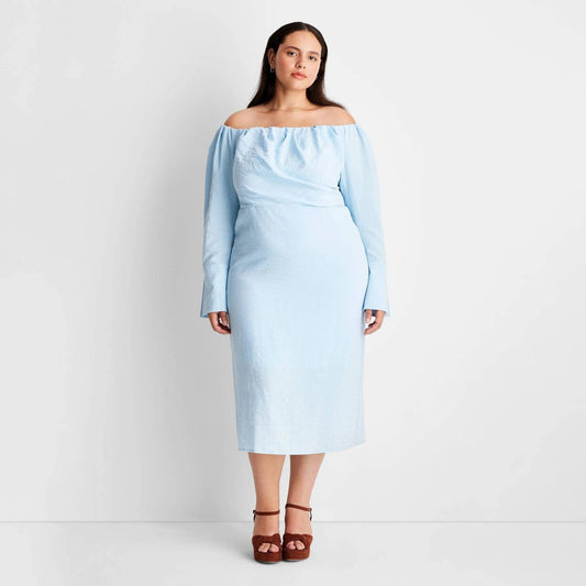 FUTURE COLLECTIVE Womens Dress L / Blue FUTURE COLLECTIVE - Off the Shoulder Long Sleeve MIDI Dress