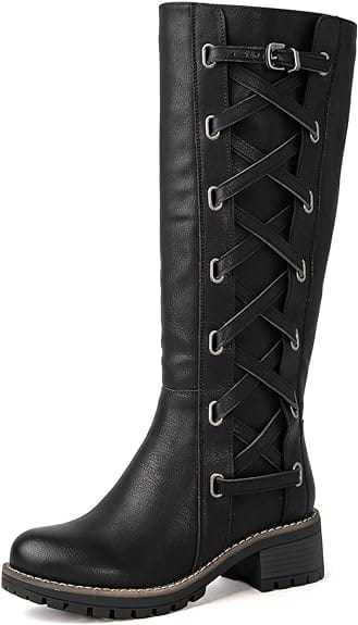 GLOBALWIN Womens Shoes 37.5 / Black GLOBALWIN-Strappy Motorcycle Knee High Boots