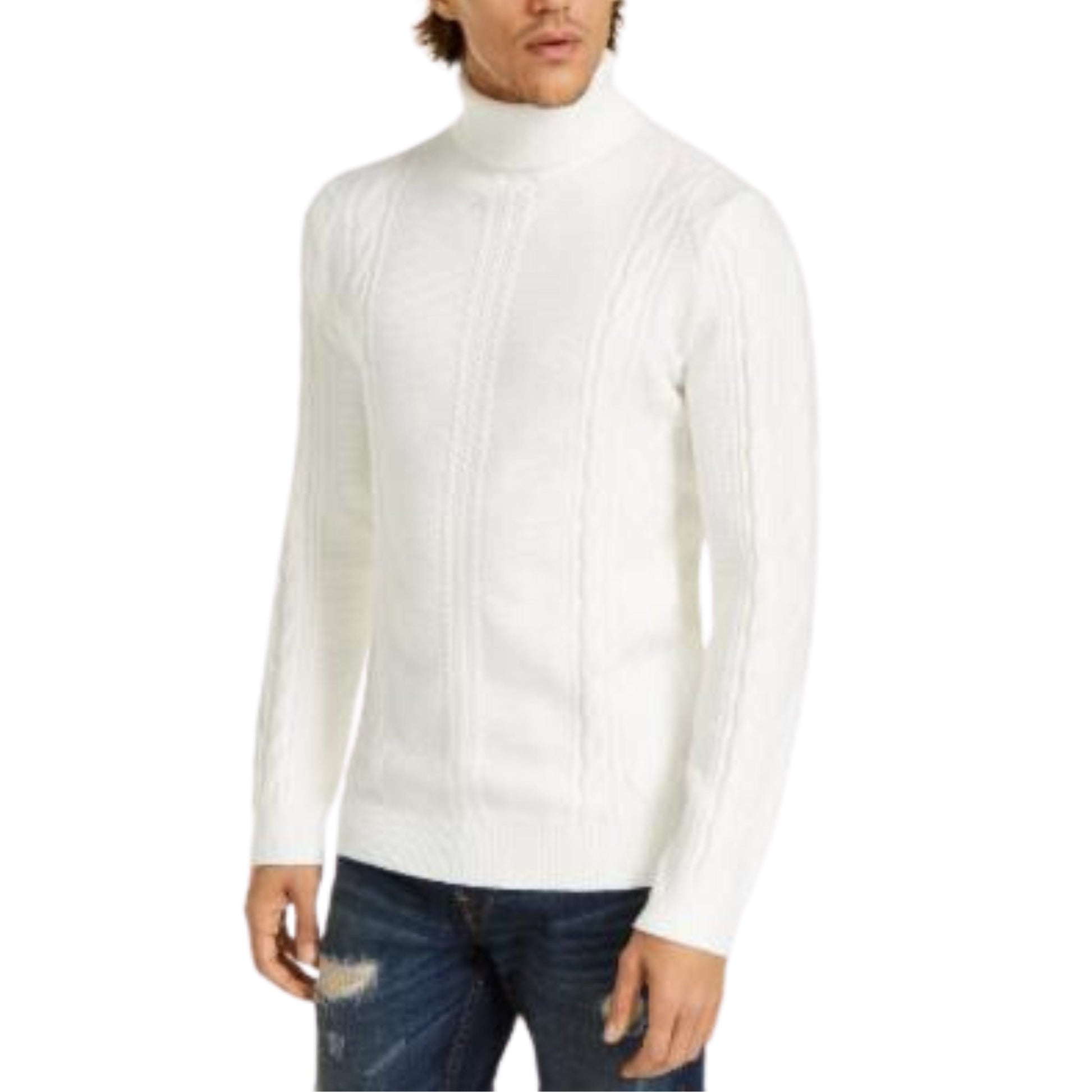 GUESS Mens Tops M / White GUESS - Diamond Cable-Knit Turtleneck Sweater